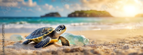 Sea turtle encounters a plastic bottle on a sandy beach at sunrise. The ocean's marine life faces human pollution. World environmental education day. Panorama with copy space.