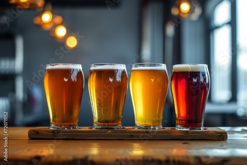 A flight of four beers sit on a wooden table in a bar Generative AI