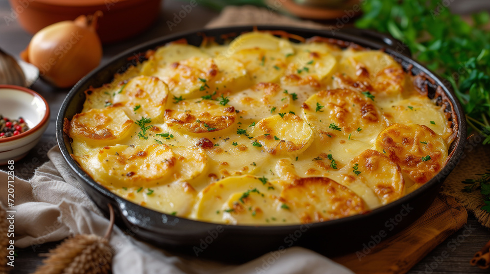 Shallow depth of field (selective focus) image with German bratkartoffeln dish. Generative AI. Shallow depth of field (selective focus) image with German bratkartoffeln dish. Generative AI.
