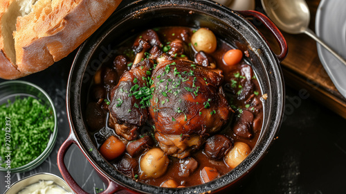 Shallow depth of field (selective focus) image with french coq au vin dish. Generative AI