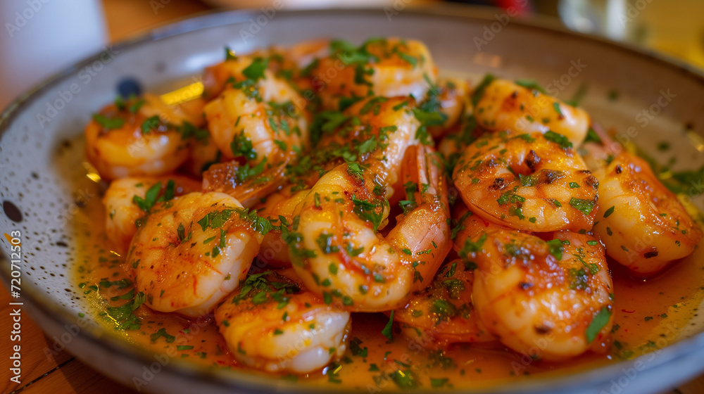 Shallow depth of field (selective focus) image with Spanish gambas al ajillo. Generative AI. Shallow depth of field (selective focus) image with Spanish gambas al ajillo. Generative AI.
