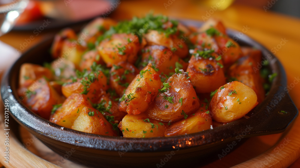 Shallow depth of field (selective focus) image with Spanish patatas bravas dish. Generative AI.