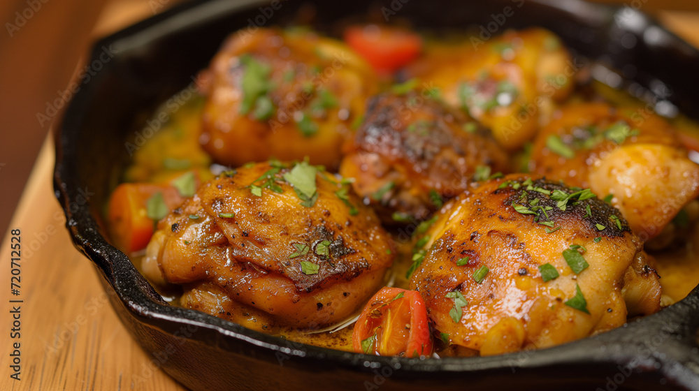 Shallow depth of field (selective focus) image with Spanish pollo al ajillo dish. Generative AI. Shallow depth of field (selective focus) image with Spanish pollo al ajillo dish. Generative AI.