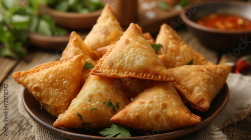 Shallow depth of field (selective focus) image with samosas. Generative AI.