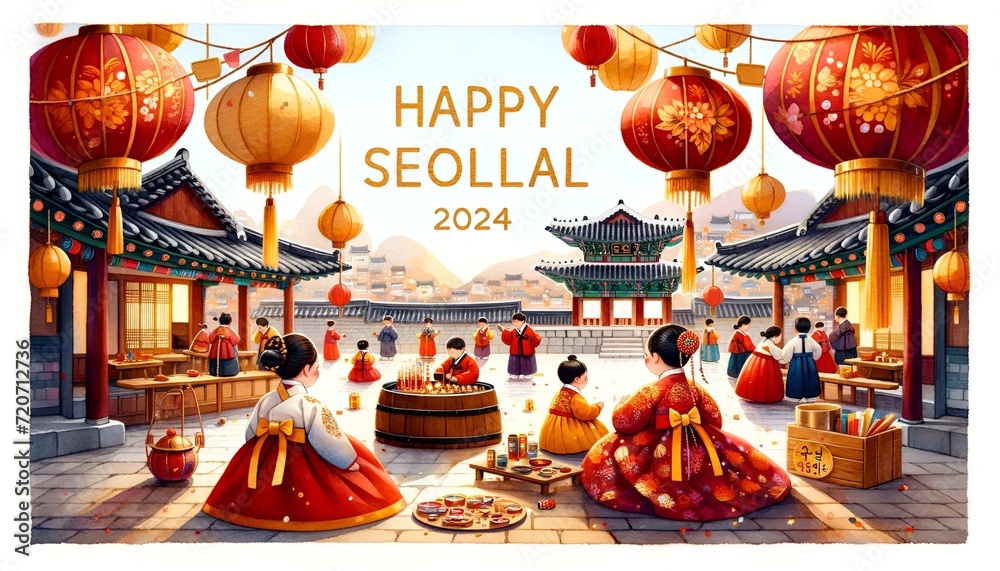 Illustration for the korean new year 2024 celebration in watercolor style. Illustration for the korean new year 2024 celebration in watercolor style.