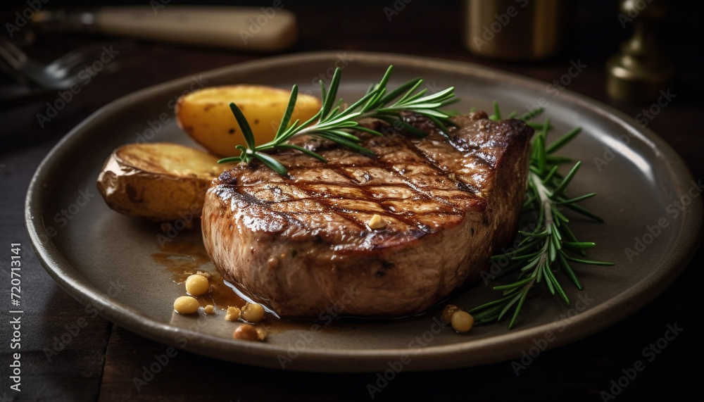 Grilled beef fillet, cooked rare, on rustic wooden plate generated by AI Grilled beef fillet, cooked rare, on rustic wooden plate generated by AI