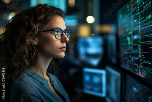 A Thoughtful Female Software Developer Surrounded by Screens of Code in a High-Tech Workspace