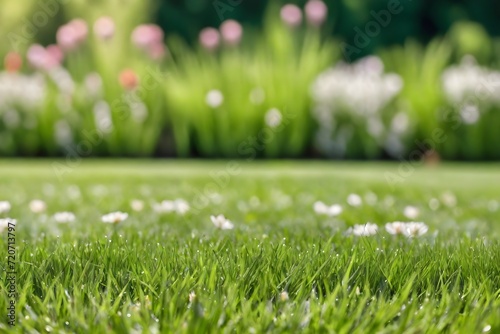 A green, well-groomed lawn on the site of a private house against the backdrop of a blooming garden. Spacious green lawn for placing goods with space for copying. 