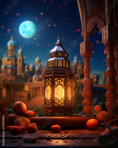Illustration of an Islamic Background in 3D, Featuring a Mosque and Traditional Lanterns. Generative AI