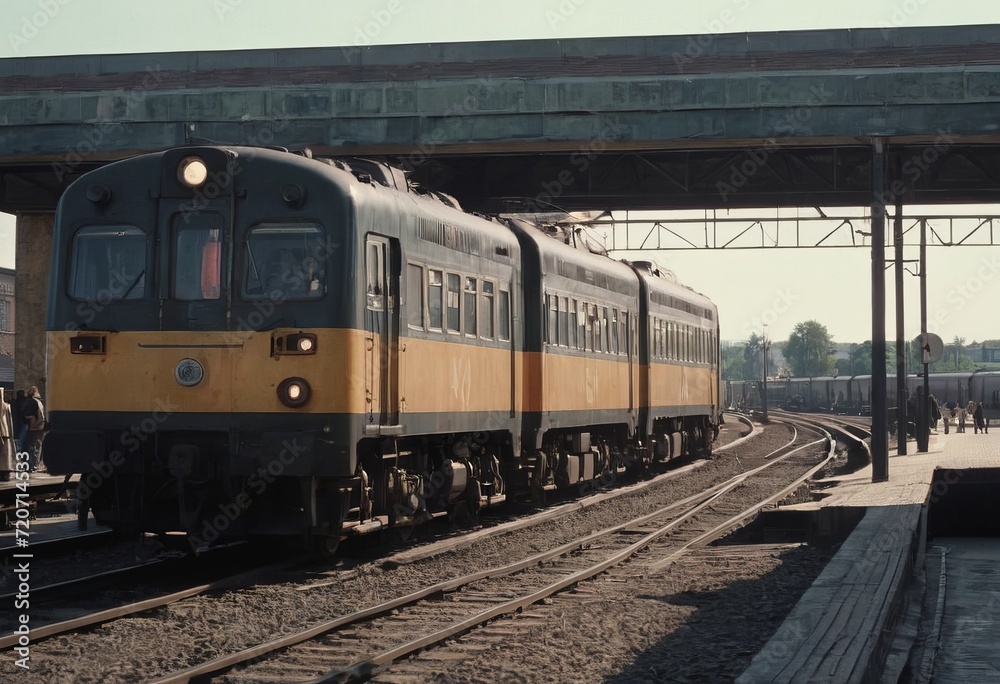 Retro steam train departs from the railway station at sunset.