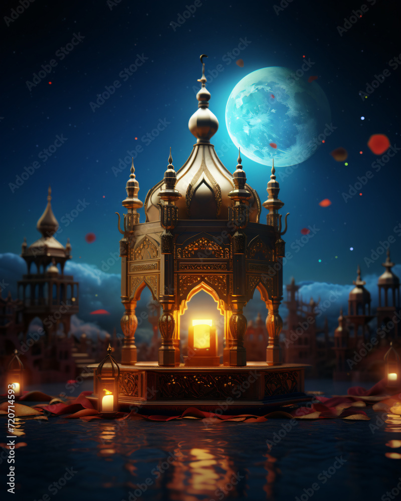 Fototapeta premium Illustration of an Islamic Background in 3D, Featuring a Mosque and Traditional Lanterns. Generative AI