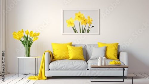 a bouquet of yellow daffodils on a clean, white coffee table in a modern living room. photo
