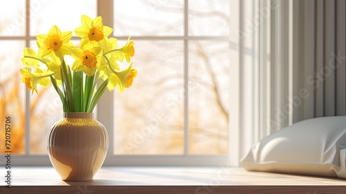 a bouquet of yellow daffodils on a clean  white coffee table in a modern living room.