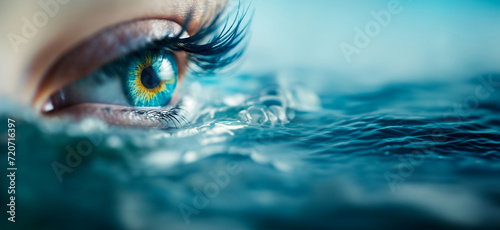 An extreme close-up of a human blue eye above the sea surface. Copy space. Deep connection with nature. Healthy vision concept.