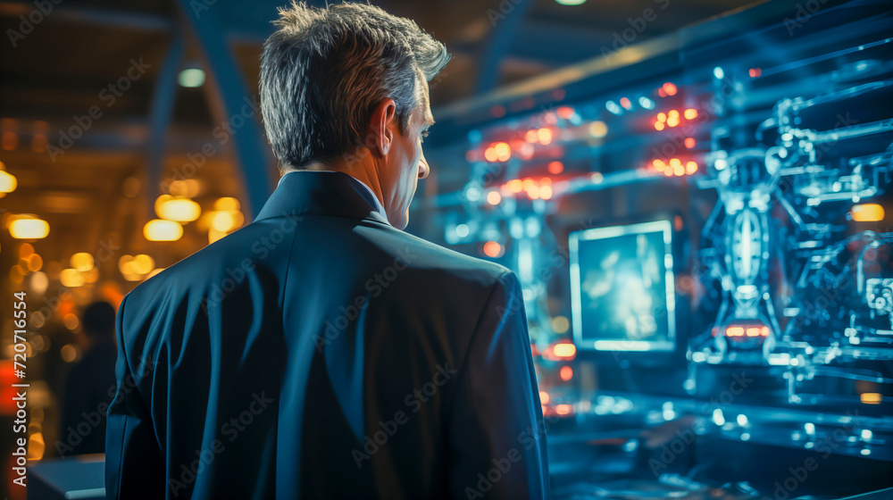 the man observes the graph on the screen the man observes the graph on the screen