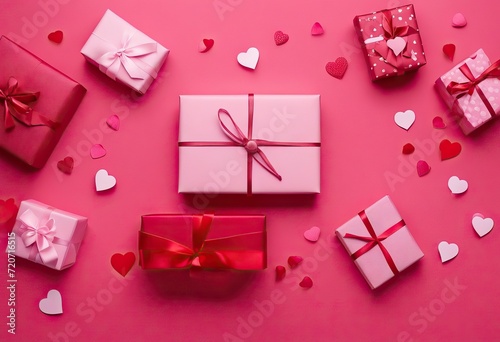  day decoration box lay space conceptFlat view top paperblank aerial modern heart essential creative red background design gift mock image rustic Table pink items photo