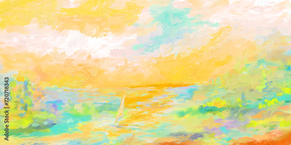Impressionistic sailboat sailing at sunrise sunset - with Canvas Texture Digital Painting, Illustration, Art, Artwork, Design, Background, Backdrop, Wallpaper, 