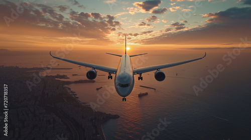 Aeroplane flying over the ocean and the city in golden hour photo