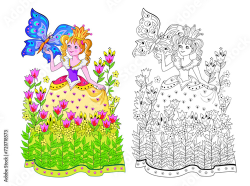 Colorful and black and white page for kids coloring book. Illustration of beautiful little princess playing in flower garden with a butterfly. Worksheet for children and adults. Flat cartoon vector.