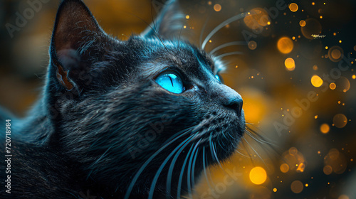 Blue eye black cat in a golden glowing background photo