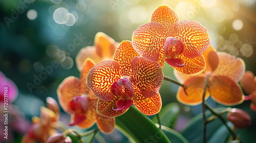 Bright yellow orchid flowers glowing in the morning with the sunlight photo