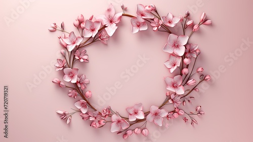 a serene Valentine's Day background featuring a wreath crafted from delicate pink flowers and adorned with hearts on a pastel pink backdrop, conveying a romantic ambiance.
