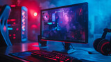 computer gaming room with red and blue ambient lighting and smoke
