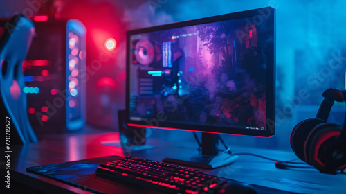 computer gaming room with red and blue ambient lighting and smoke