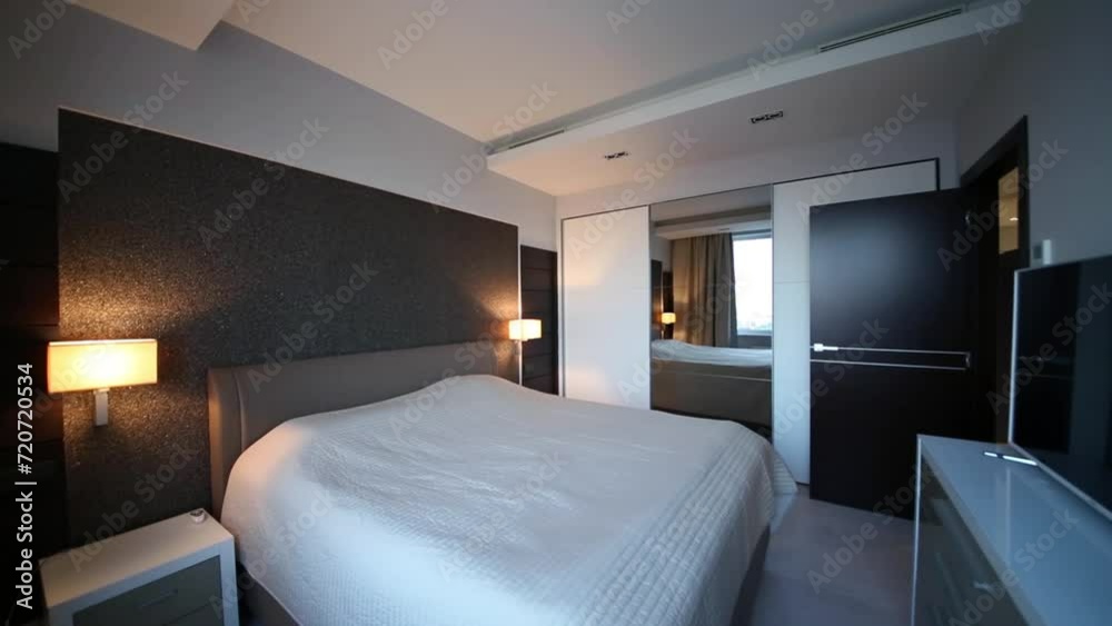 The light is turned off and in bedroom with bed, mirror and a TV The light is turned off and in bedroom with bed, mirror and a TV