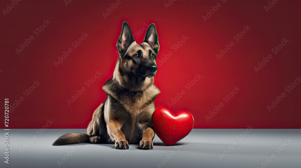 a dog holding a red heart in its mouth, conveying the essence of love and companionship on Valentine's Day.