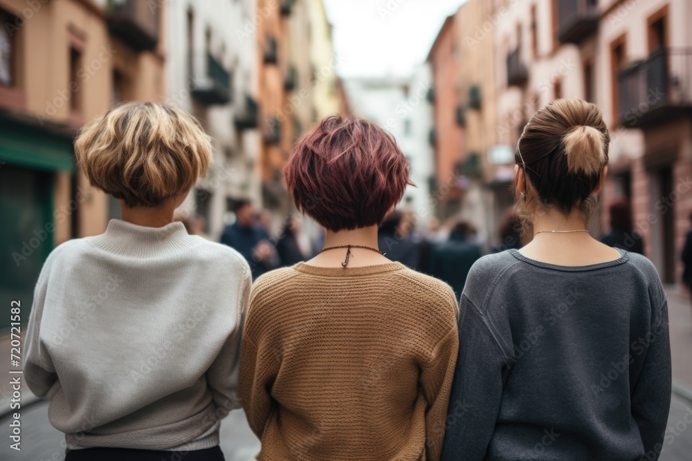 Obraz premium Back view close-up photo of women flaunting diverse short hairstyles on the street, their confident postures adding a touch of urban chic
