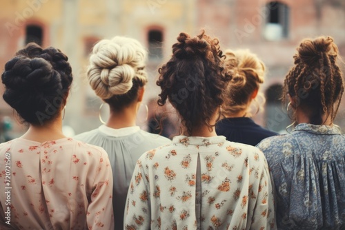 Back view close-up of women in trendy outfits and fashionable hairstyles, their collective presence forming a striking visual tableau