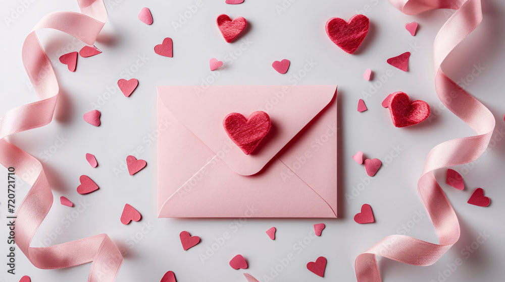 Pink envelop with pink ribbons and pink hearts on a white background Pink envelop with pink ribbons and pink hearts on a white background