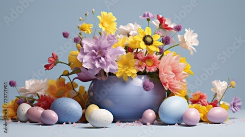 a festive Easter background featuring a variety of beautifully decorated Easter eggs surrounded by an assortment of blooming flowers.