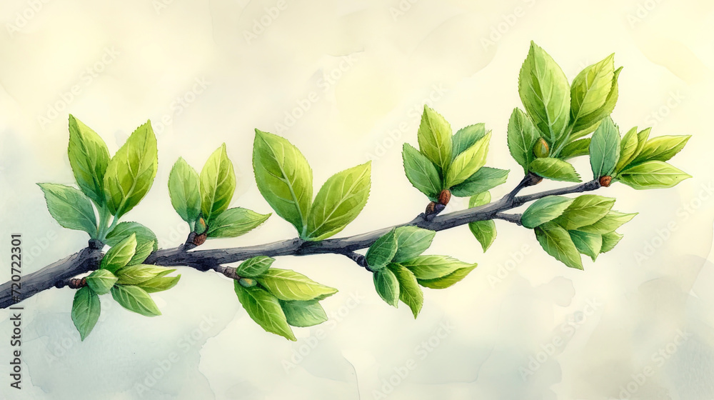 A drawing depicting the moment when fresh leaves from their green buds are revealed on the tre - obrazy, fototapety, plakaty 