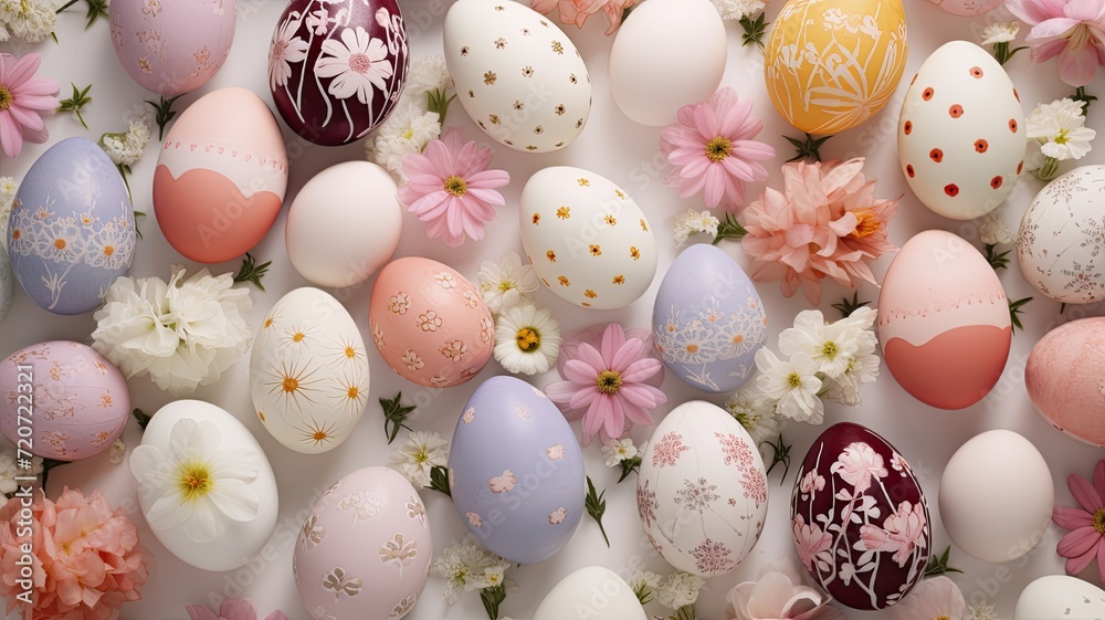 a festive Easter background featuring a variety of beautifully decorated Easter eggs surrounded by an assortment of blooming flowers. a festive Easter background featuring a variety of beautifully decorated Easter eggs surrounded by an assortment of blooming flowers.
