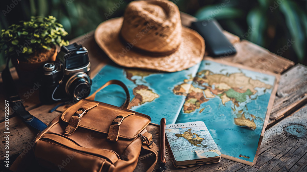 Travelling items on a table, hat map bag an a camera Travelling items on a table, hat map bag an a camera