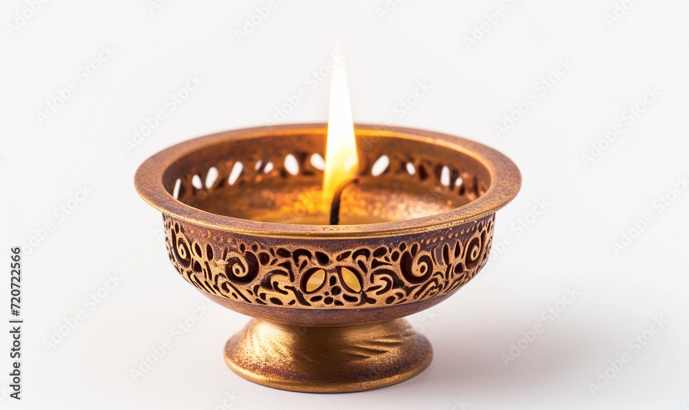 Colorful metal diya lamps lit during diwali celebration isolated on white background Colorful metal diya lamps lit during diwali celebration isolated on white background