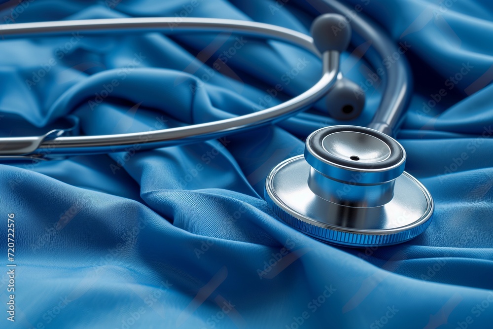 Medical Stethoscope on Blue Fabric Background Medical Stethoscope on Blue Fabric Background
