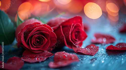 Two red roses and petals on top of a table photo