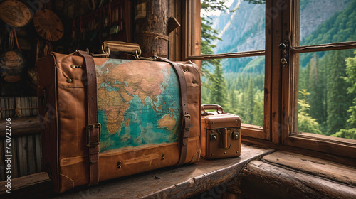 Vintage tavel bag with world map design on top of a wooden tabel in a cabin near the window middle of a forest photo