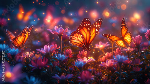 An illustration with many colorful butterflies and other insects sparkling around flowering plan