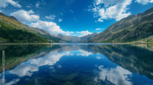 A photograph of a tranquil lake nestled between mountains, its mirror-like surface reflecting the blue sky and white clouds