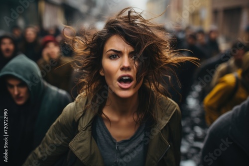 Street protest: Woman screaming amidst a crowd - activism concept