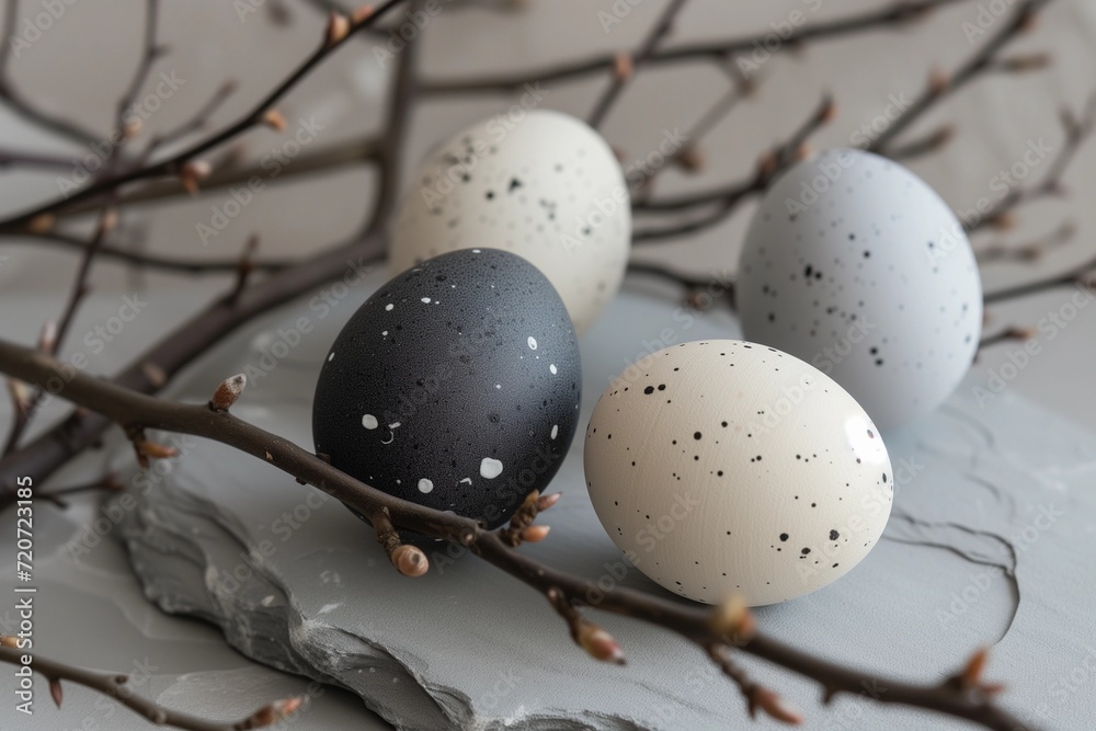 Speckled Easter Eggs with Branches on Marble Surface