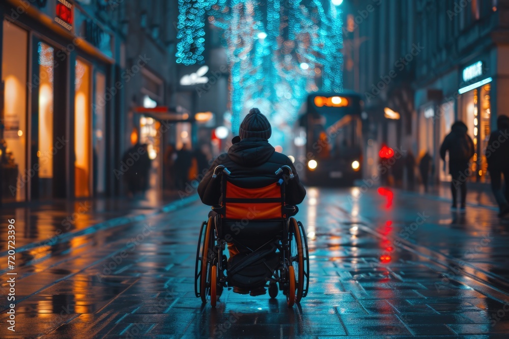 A hooded figure in a wheelchair reflecting on the wet pavement, amidst city bustle.