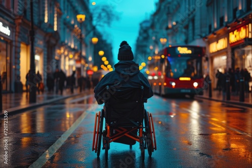 Rear view of an individual in a wheelchair, facing the bustling evening city life.