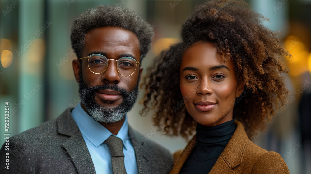 A photograph of a pair of business partners standing against the backdrop of an office building, expressing confidence in their succe A photograph of a pair of business partners standing against the backdrop of an office building, expressing confidence in their succe