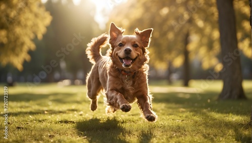 Dog joyfully leaping towards a frisbee in a sunlit park, the essence of playfulness captured, high resolution. generative AI