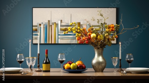 Photographie the Passover Pesah celebration by arranging a scene with the menorah, matzo, spring flowers, and symbolic accessories in a harmonious composition
